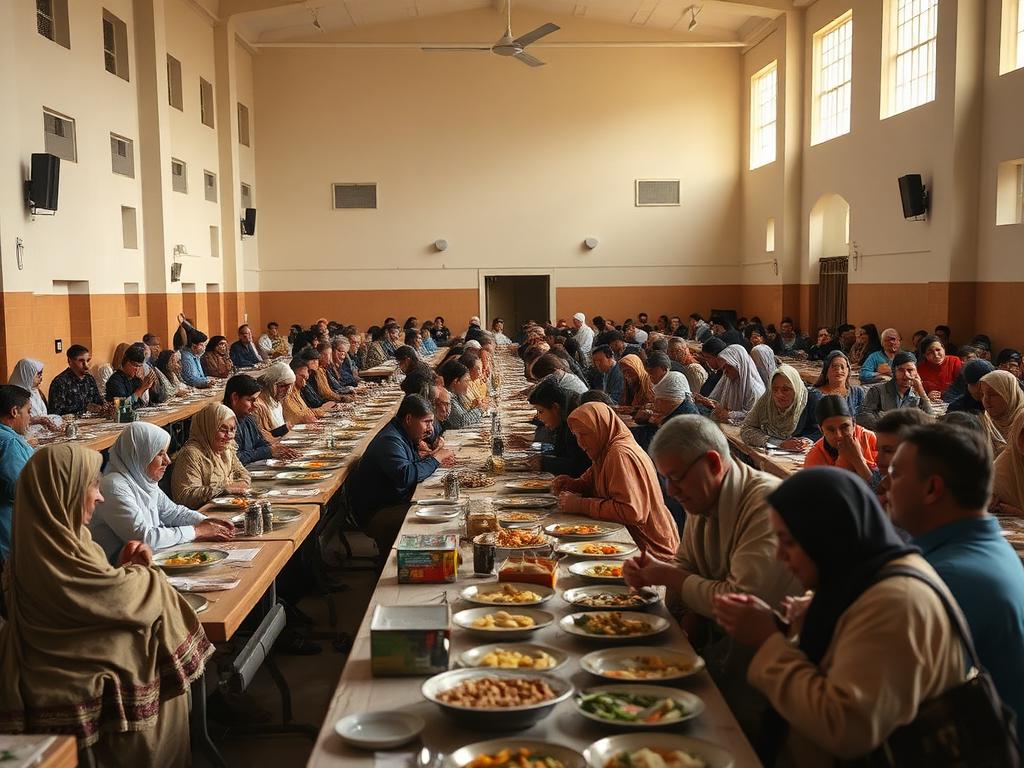 Community members sharing a meal in the main hall
