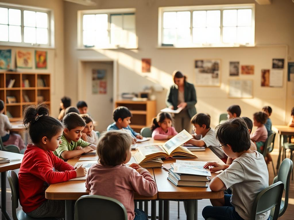 Children reading together in a weekend school classroom
