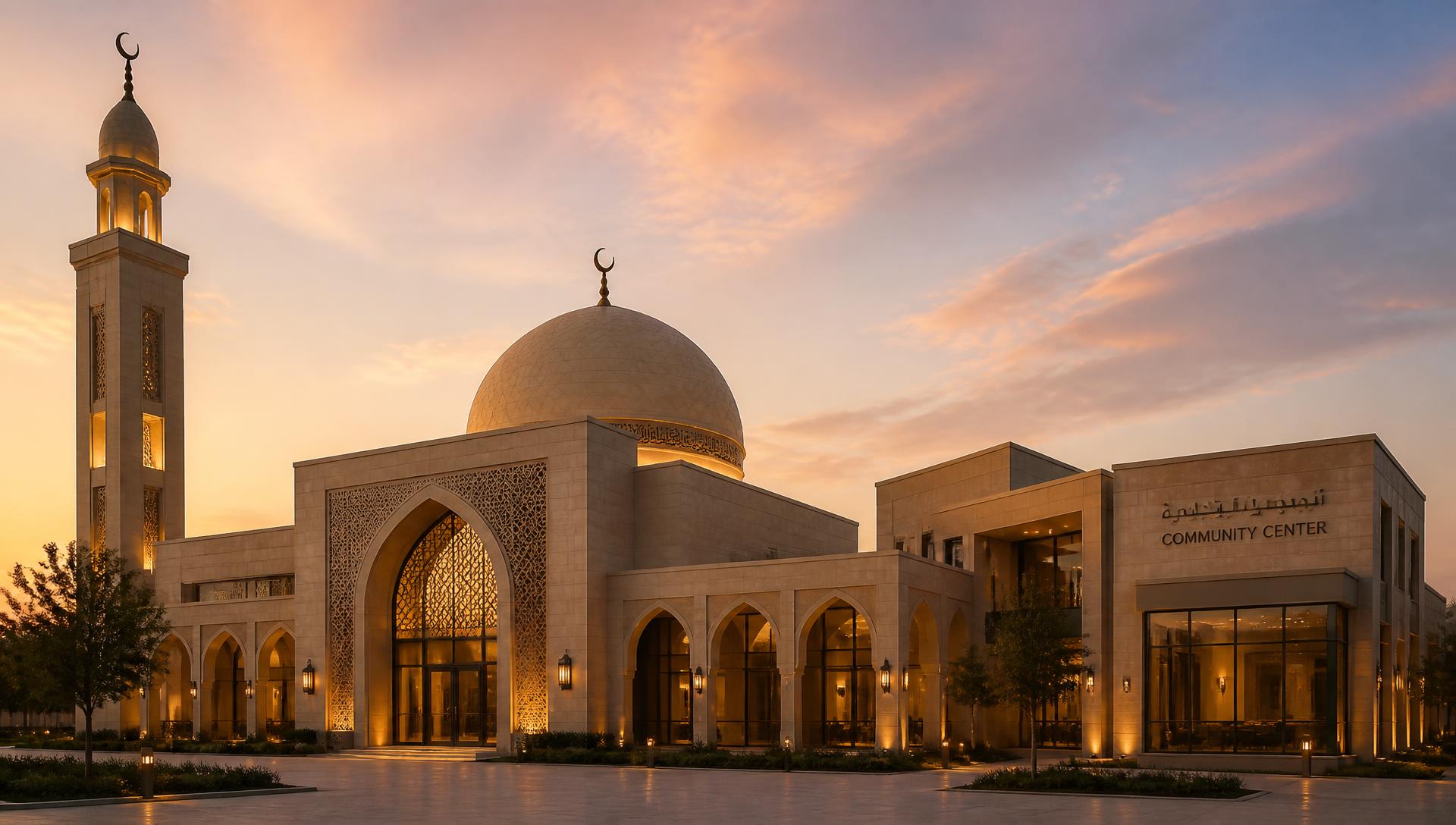 The community center exterior at sunset